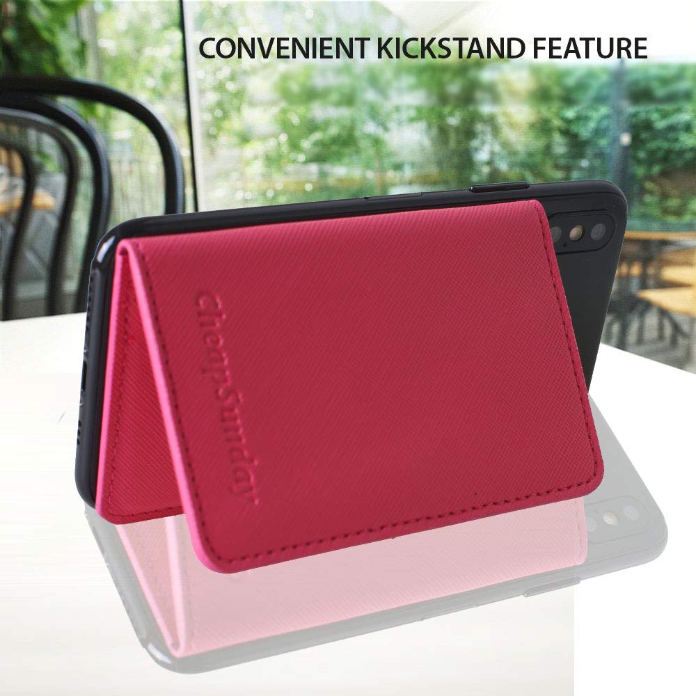CheapSunday - Tarjetero de piel para la parte posterior del teléfono, con soporte, impermeable, adhesivo, para la mayoría de teléfonos celulares (rosa intenso)