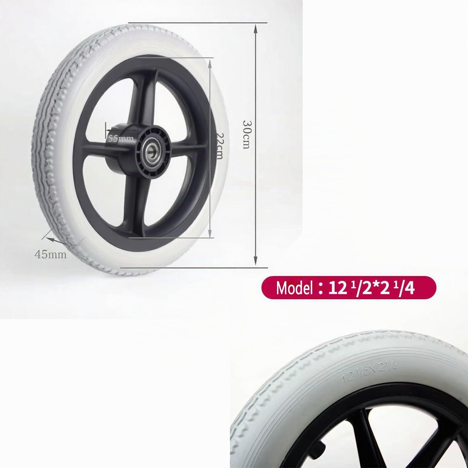 2 Pcs poliuretano macizo ruedas,neumático sólido para silla de ruedas,antideslizante,repuestos sillas de ruedas(Gris,12 Pulgadas)
