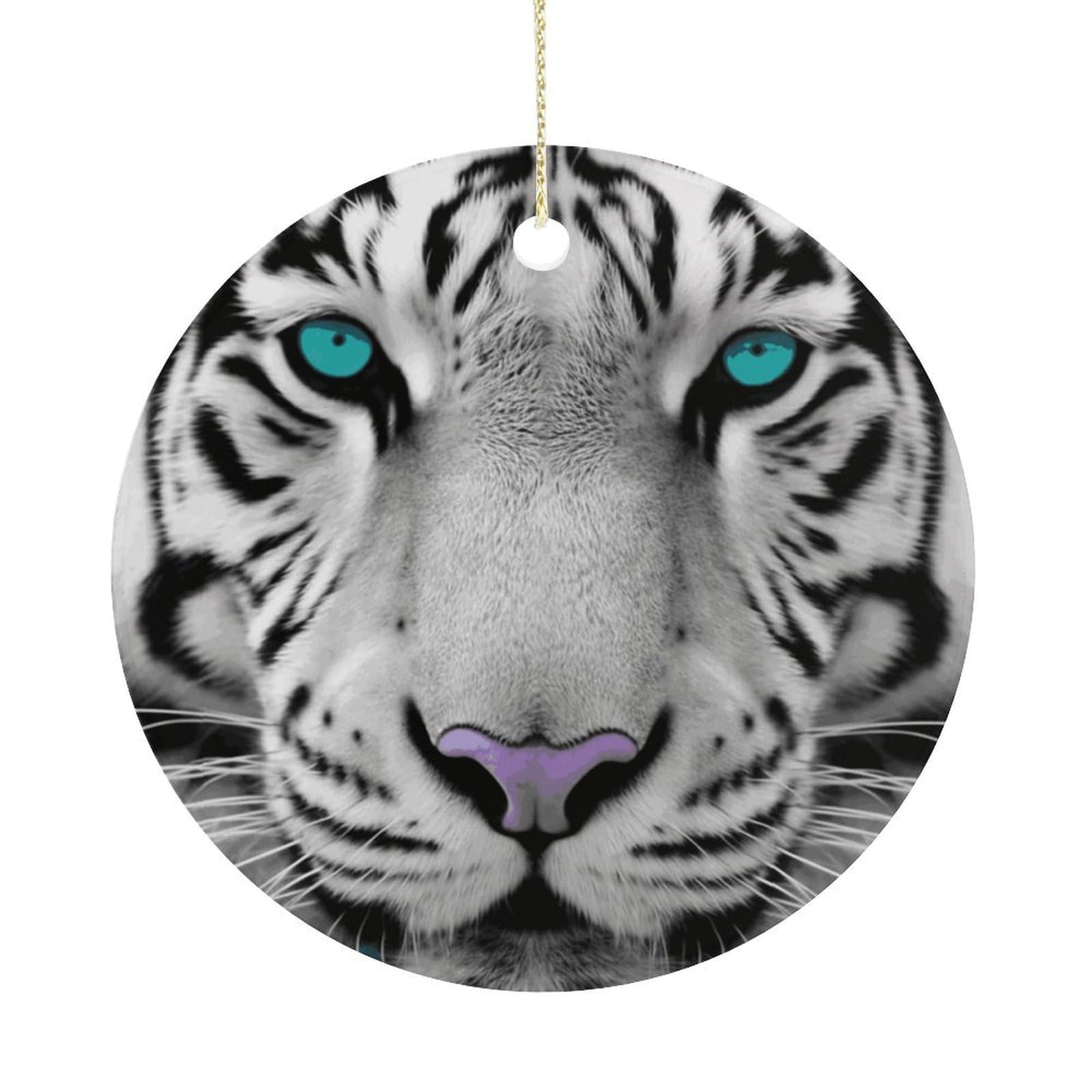 Tiger with Teal Eyes Christmas Ornaments Colorful Round Ceramic Ornament Christmas Hanging Decor Christmas Tree Decorations Xmas Keepsake for Women Men Xmas Holiday Party
