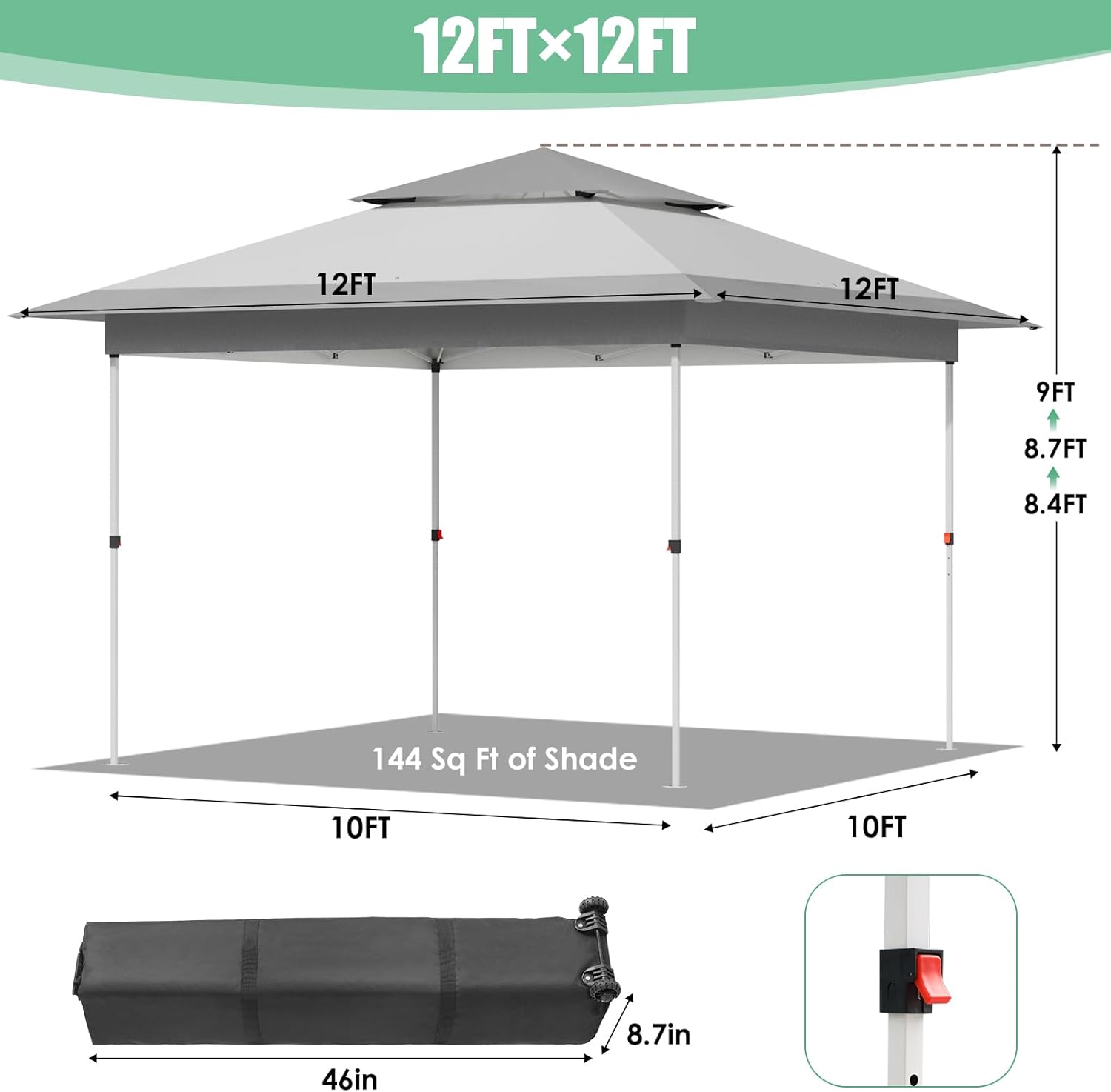 Arlopu Pop Up Canopy Tent with 1-Person Set up, Camping Instant Durable Shelter, Outdoor Gazebo Beach Shade with Wheeled Bag, 4 Sand Bags for Weight (Grey, 12FTX12FT)