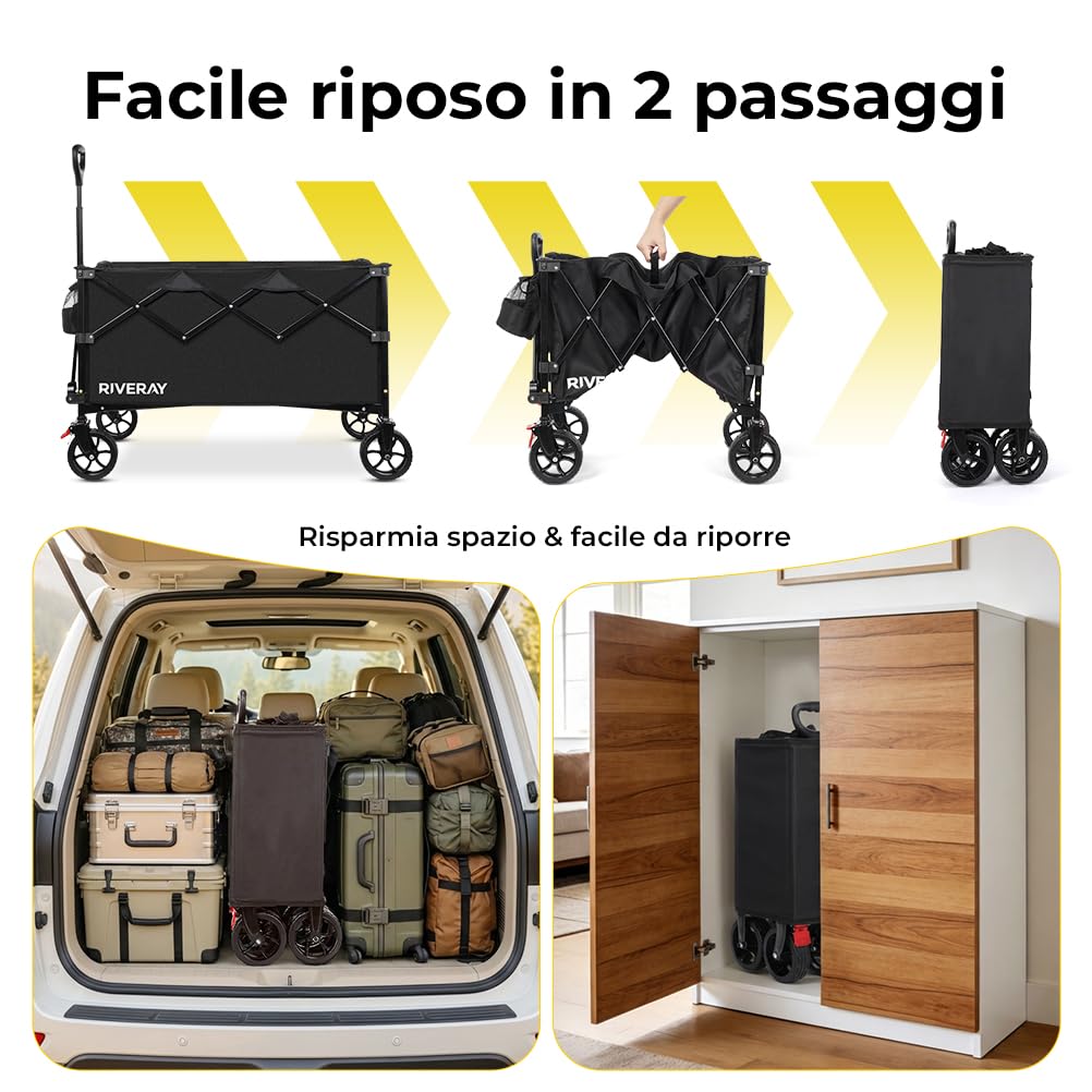 Carrello Pieghevole 300L, 230kg, Ruote Frenate | Maniglia a Rimbalzo, 2 Portabevande, per Spiaggia, Campeggio e Giardino