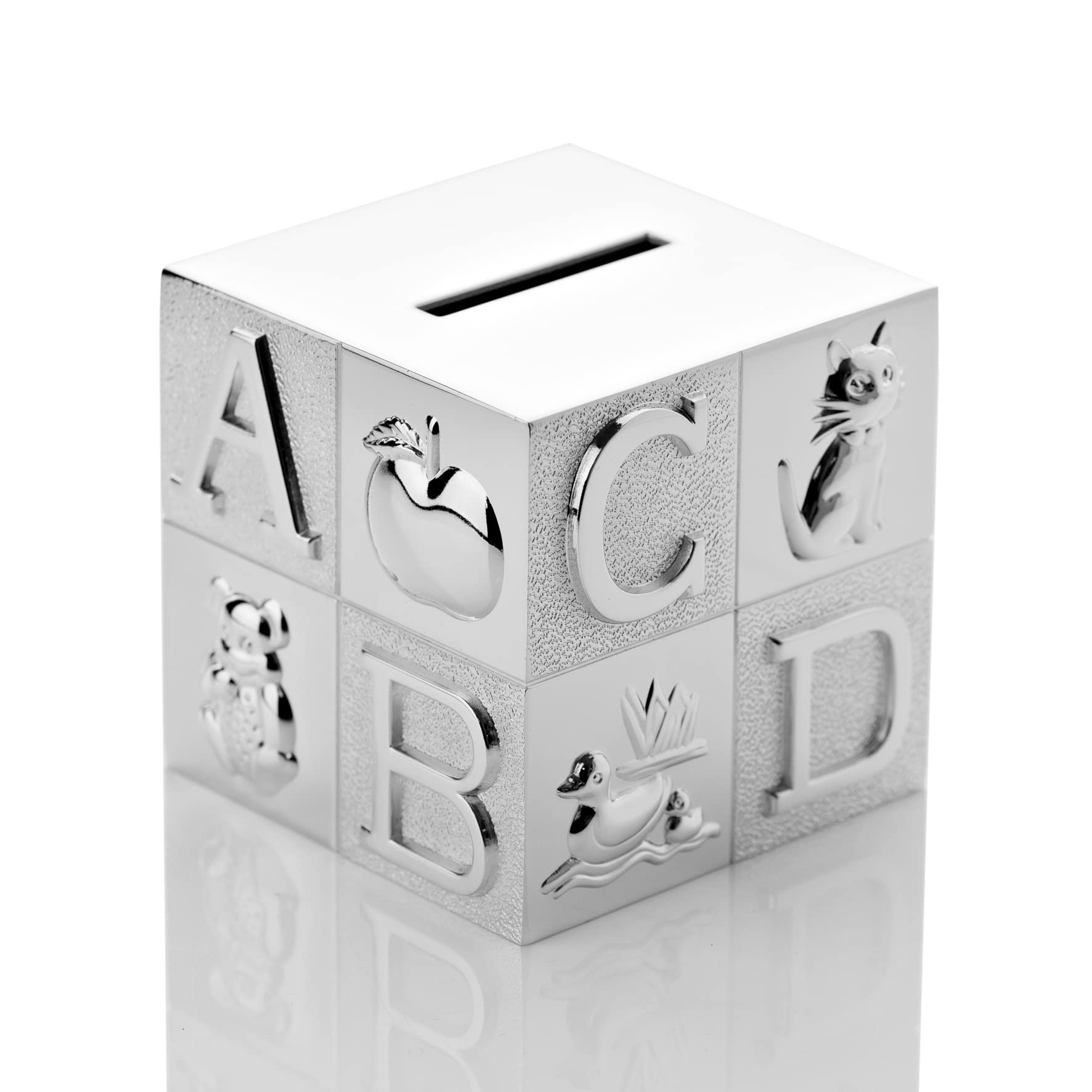 Rutherfords Gifts Silver Personalised Plated Abc Cube Money Box - Engraved Christening Baby Nursery Gift