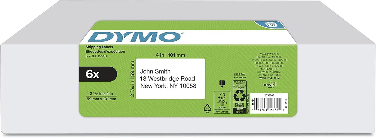 Authentic LW Large Shipping Labels DYMO Labels for LabelWriter Label Printers, 2-5/16" x 4, Print Up to 6-Line Addresses, 6 Rolls of 300 (1800 Total)