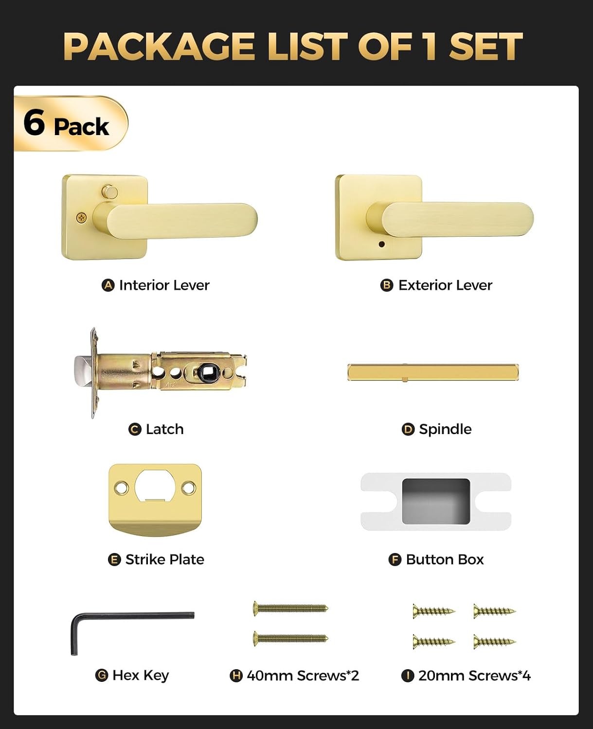 Brushed Gold Door Handles Interior with Lock, Zinc Alloy Privacy Door Locks Interior for Bedroom & Bathroom, Heavy Duty Modern Keyless Lever, Reversible for Left or Right-Handed, 6 Pack