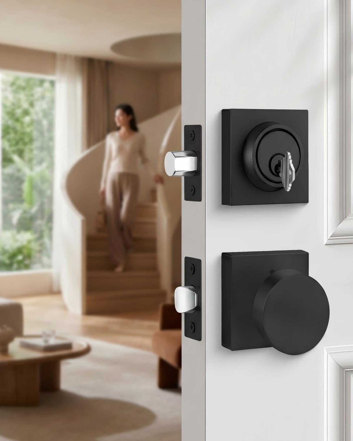 Goldenwarm Black Exterior Door Knob with Deadbolt, Zinc Alloy Matte Black Door Knob with Deadbolt and Privacy, Heavy Duty Deadbolt Lock and Door Knob Set - Modern & Stylish (1 Pack)