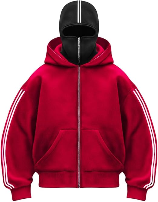 CCOOfhhc Balaclava Zip Hoodie Herren Ninja Hoodie mit Sturmhaube Oversized Jacke mit Doppel Kapuze Y2K Hoodie mit Fleece Winddichte Übergangsjacke Winter Motor Fahrrad Mask Jacke 2025