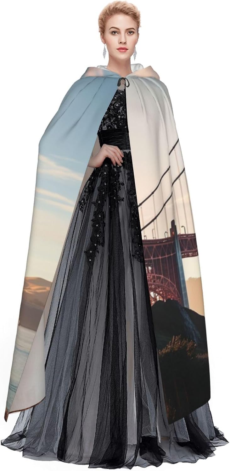 Golden Gate Bridge Hooded Cloak Full Length Hooded Robe Witch Cape Halloween Cosplay Costumes for Women Men