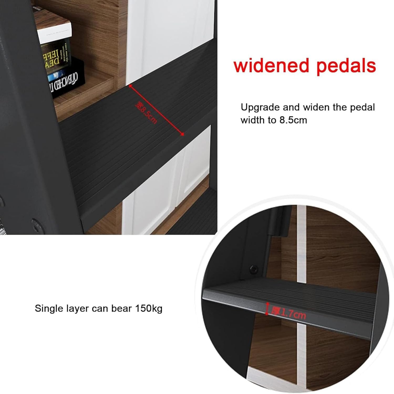 Black Rolling Library Ladder Track KitMetal Ladder & lley System with Floor Roller Wheels Horizontal Wall Mount Hardware 170cm Ladder Size for Stylish Home Décor