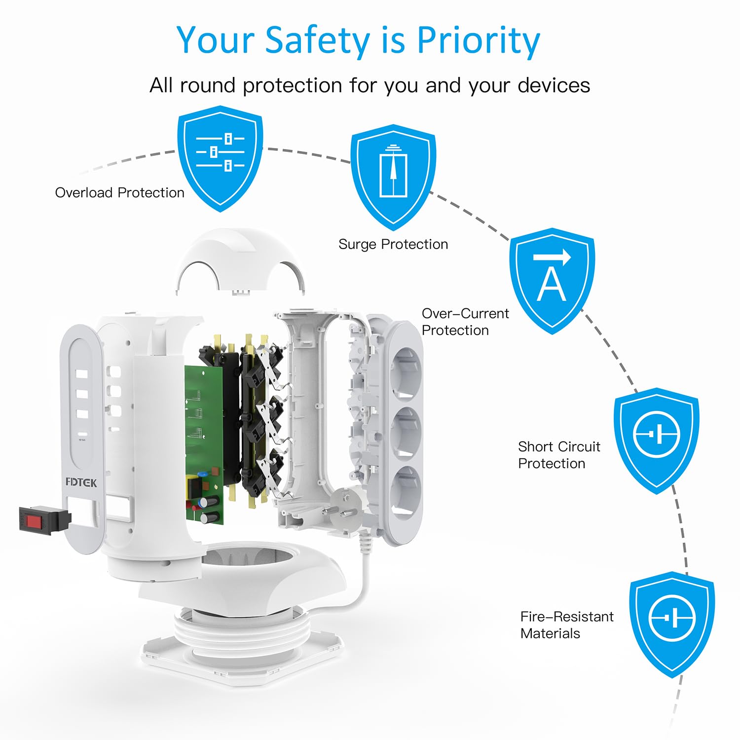 FDTEK Torre Regletas Enchufes 9 Tomas AC con 3 USB-A y 1 USB-C Regleta Vertical con Cable Retráctil 1,65 m, Ladron Enchufe Multiple con Interruptor y Protección Sobrecargas para Oficia Casa, 2500W/10A
