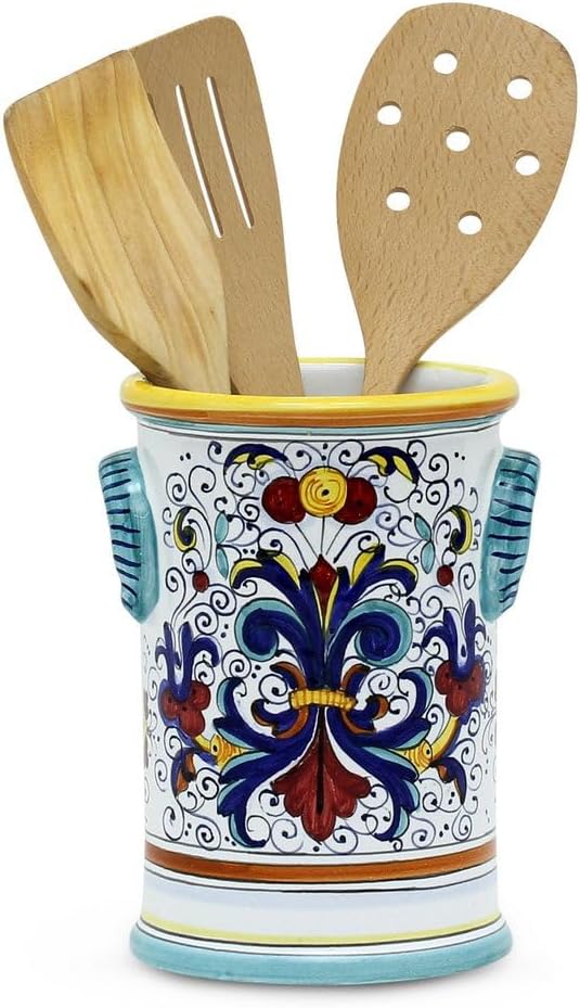 RICCO DERUTA DELUXE: Bundle with Utensil Holder + Biscotti Jar - Handpainted in Italy. Shipped from the USA with Certificate of Authenticity.