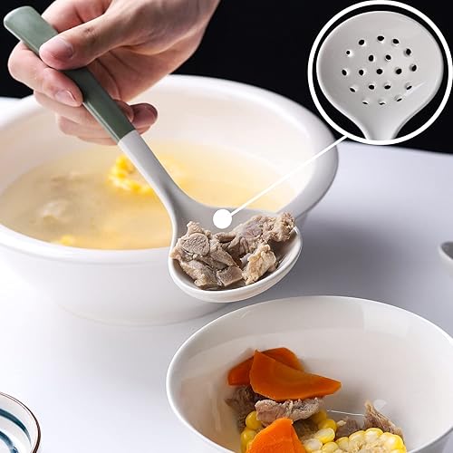 Vista 21 de Juego de 2 cucharones de cerámica con cucharón grande para sopa con espumadera, cucharones ranurados, cucharones de cocina, cucharas coladoras
