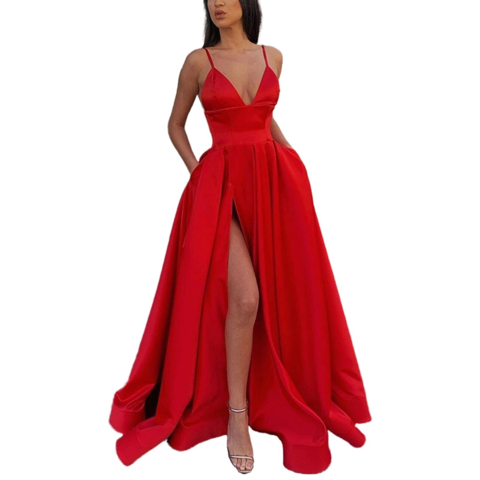 VEMOW Vestido de Tirantes de Verano para Mujer Vestido Sexy Largo de Satén sin Mangas de Cuello V con Abertura Alta Vestido de Color Sólido Ropa de Cóctel Noche Fiesta Boda Invitado para Mujer