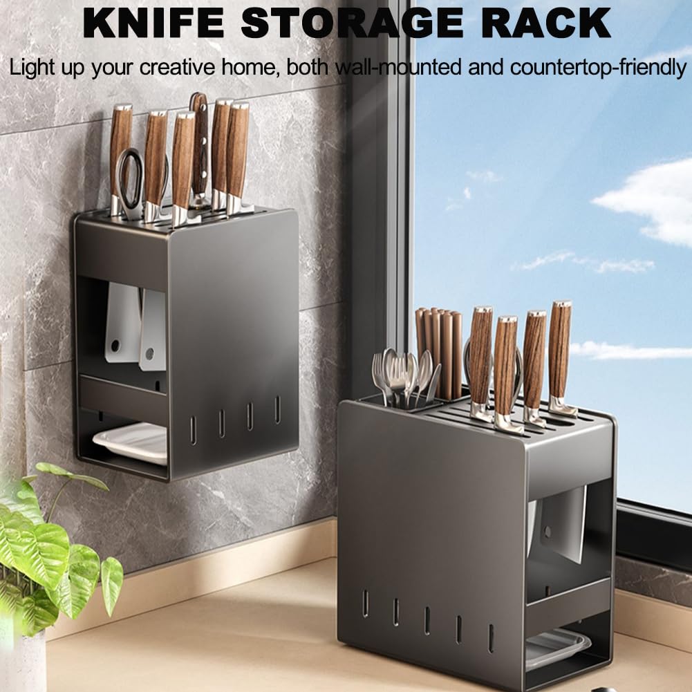 Portacuchillas De Acero Inoxidable De Pared Sin Perforaciones, Con Capacidad Para 7 Cuchillos, Con Bandeja De Drenaje, Orificio De Ventilación, Portacuchillas Sin Cuchillo,Blanco