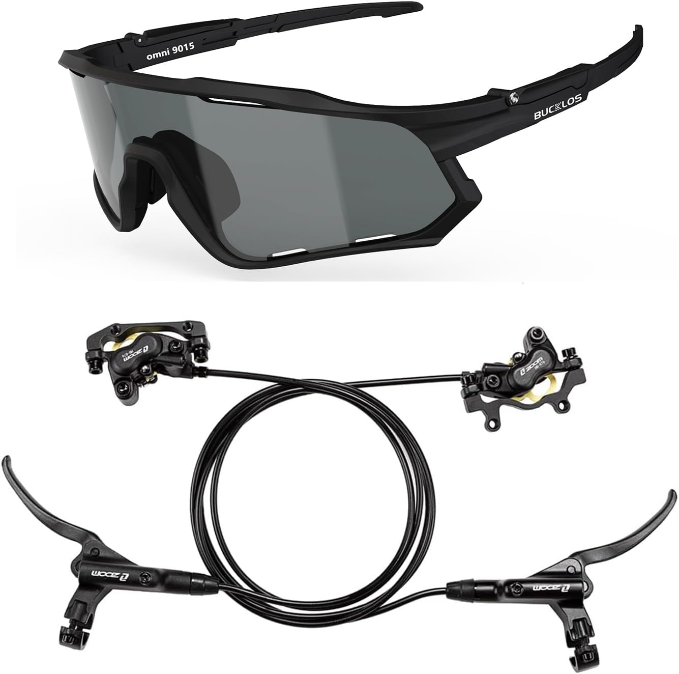 BUCKLOS Zoom MTB 4 Piston Hydraulic Disc Brakes Set and Polarized Cycling Running Sunglasses for Men Women UV400 Protection