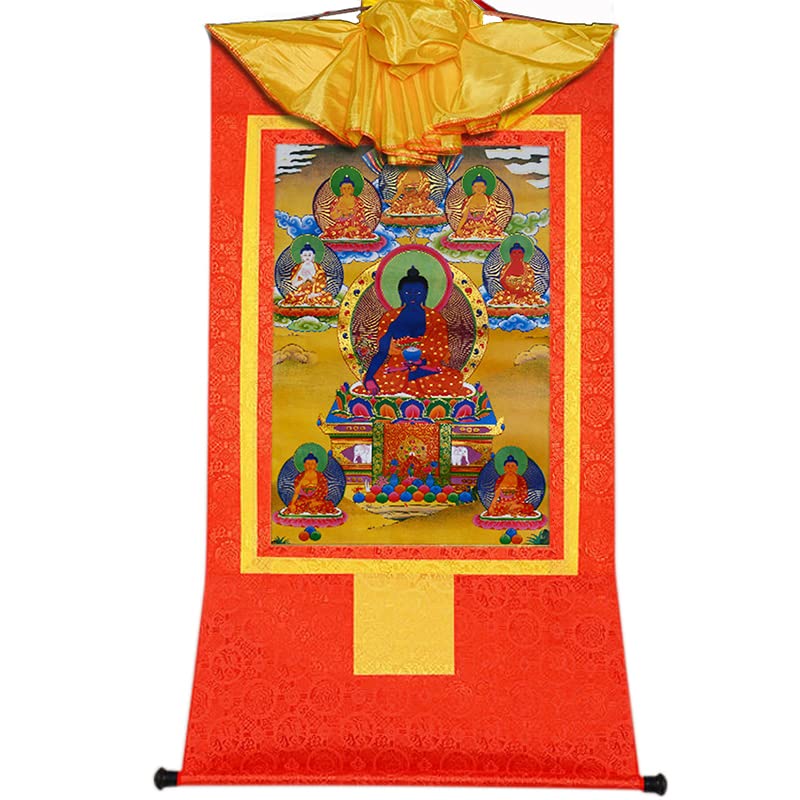 Gandhanra Tibetan Buddhist Thangka Wall Hanging,The Eight Medicine Buddhas Thangka,Hot Stamped Brocade Buddhist Tapestry for Zen Home Decor, Meditation, Spiritual Relaxation