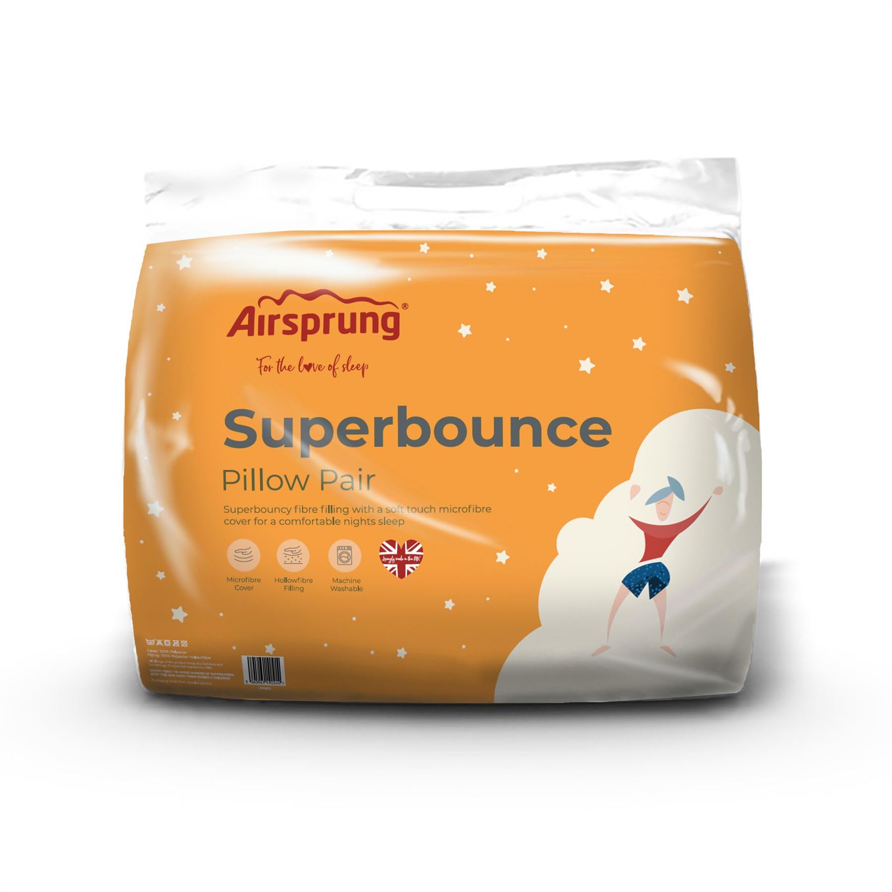Airsprung Superbounce Pair Pillows Hollowfibre Soft Touch Hotel Quality Machine Washable Made In UK 48cm x 74cm (19" x 29")