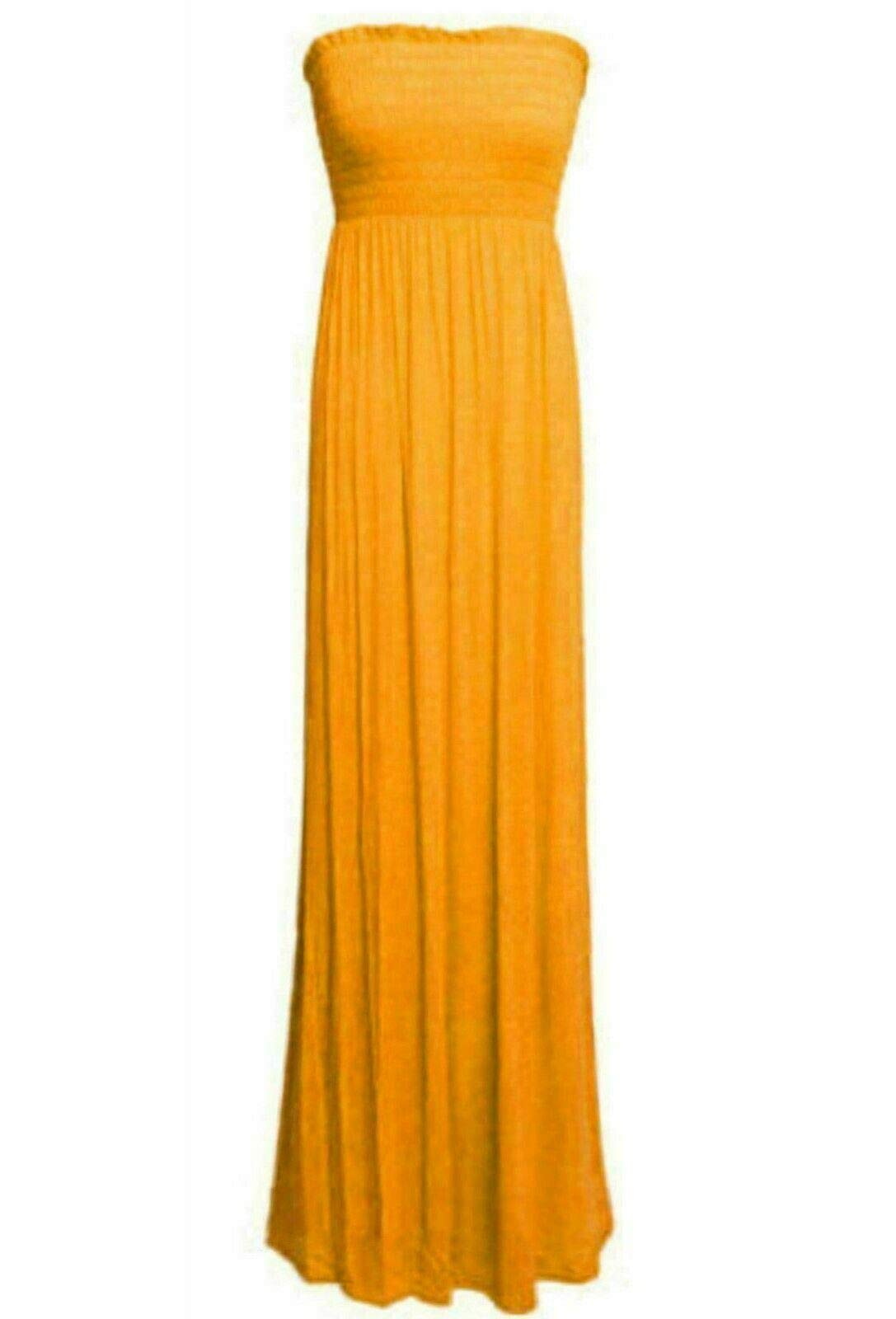 FAIRY BOUTIQUE Womens Long Strapless Elasticated Shearing Dress Ladies Bandeau Shirred Boob Tube Summer Maxi Dress Mustard
