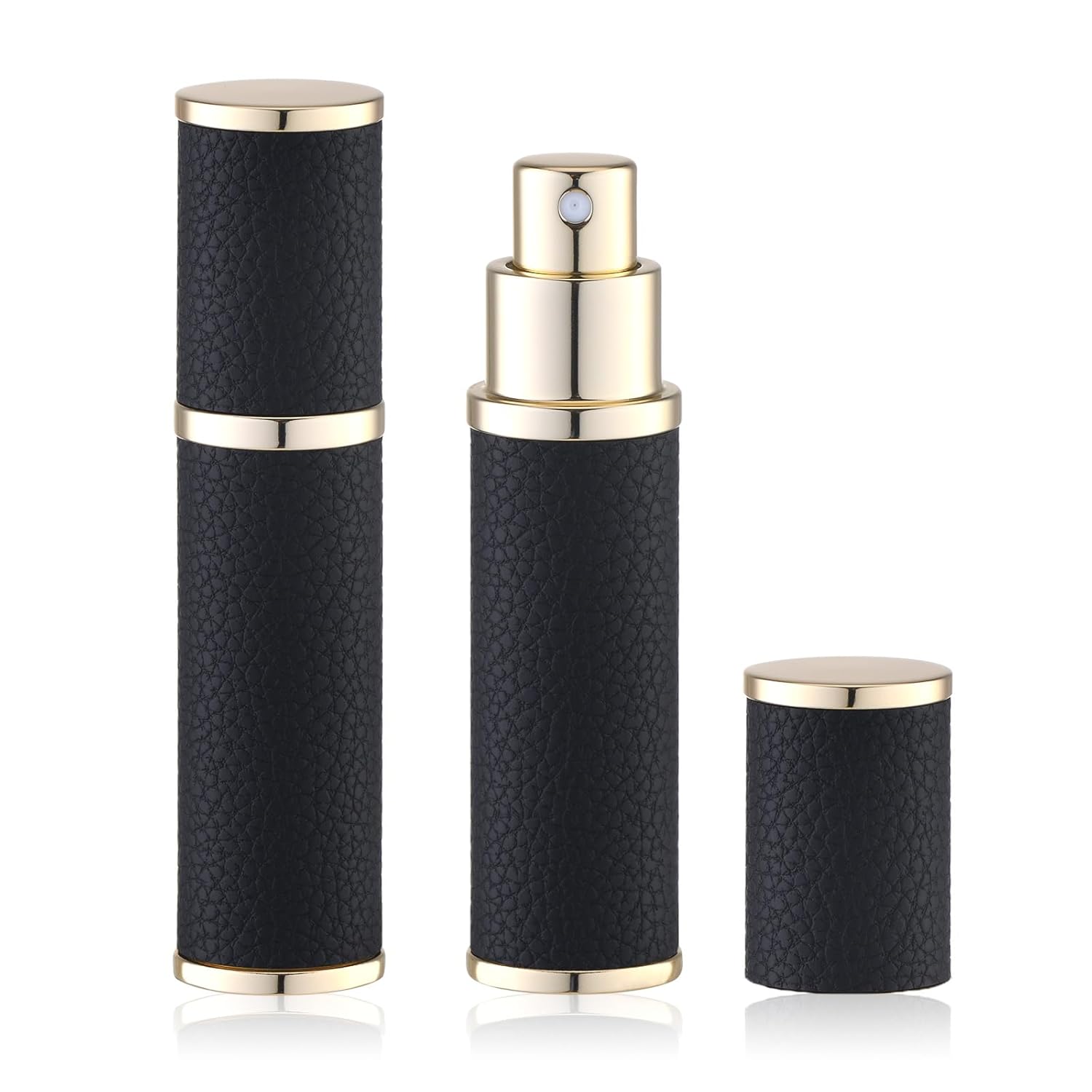 Fusupak Frasco de perfume de viagem recarregável – mini pulverizador atomizador de colônia portátil – recipiente vazio para viagem – 10 ml, preto, 2 peças, refil de couro com…
