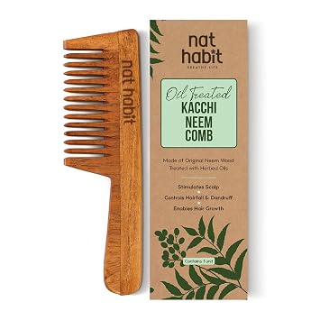 Nat Habit - Back To Natural Secrets Everyday Kacchi Neem Comb, Wooden Comb For Men, Women, Treated With Neem Oil, Bhringraj & 17 Herbs Wide Tooth 18-20Cm Length Brown