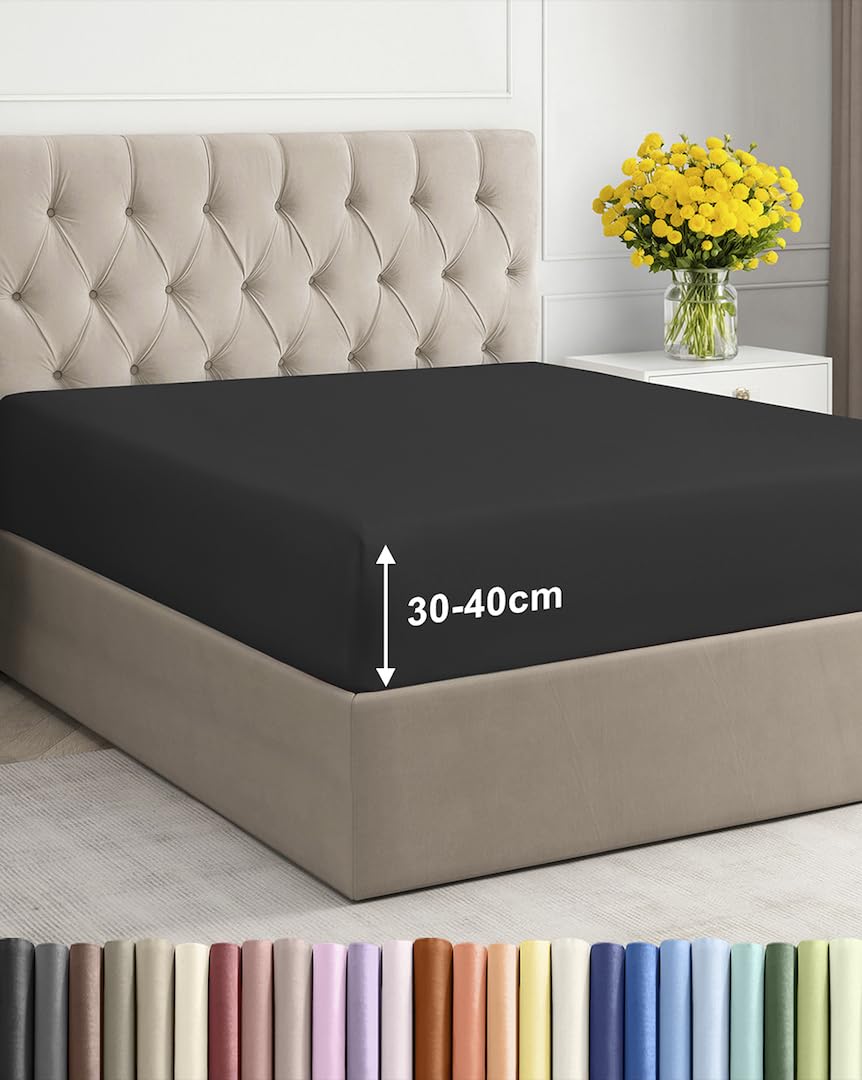 Fitted Sheet King 150x200cm, Black - Extra Deep Pocket 40cm (16") - Non Iron Soft Brushed Microfibre - Machine Washable - Fade & Shrink Resistant - OEKO-TEX - Breathable - Easy Care - Hypoallergenic
