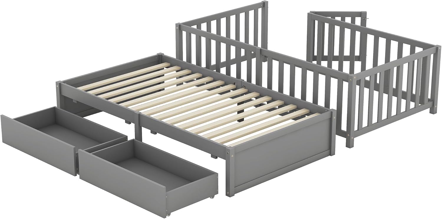 Bellemave Twin Bed Frame with Rails and Storage Drawers, Can Be Divided into A Twin Size Floor Bed with Fence and A Daybed with 2 Drawers, Wood Montessori Beds for Kids Boys Girls Teens, Gray