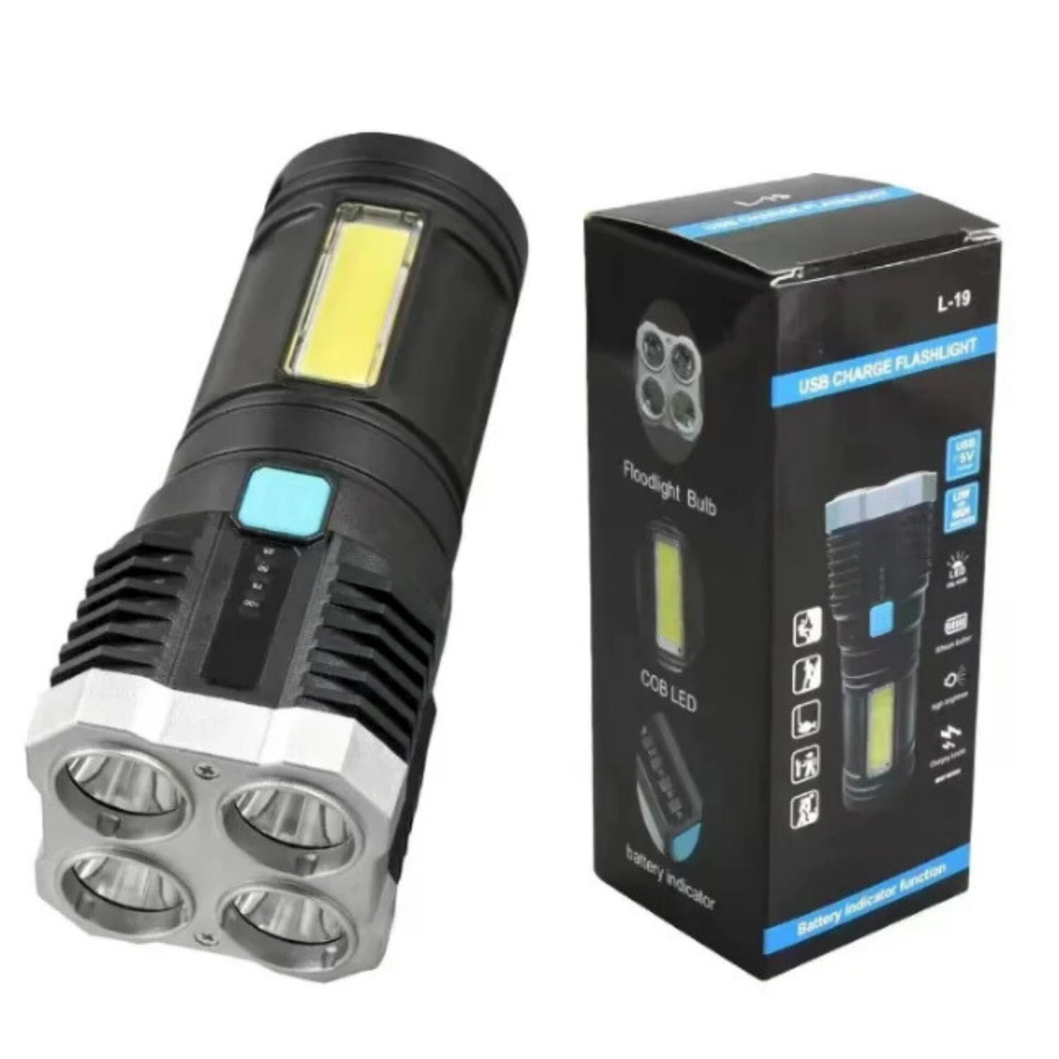 Best USB Rechargeable Torch Flashlight with COB LED Floodlight, 4-Bulb Head, Battery Indicator | 4-in-1 LED Torch Lights Rechargeable Emergency Torch Light 3W USB Charge Flashlight-image-49