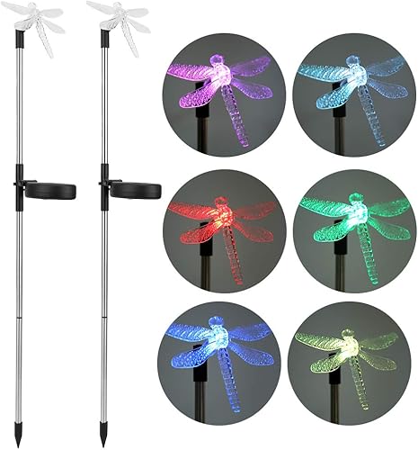 Miniatura 8 de Paquete de 2 luces solares de jardín al aire libre impermeable luz LED que cambia de color libélula solar para paisaje luz de estaca