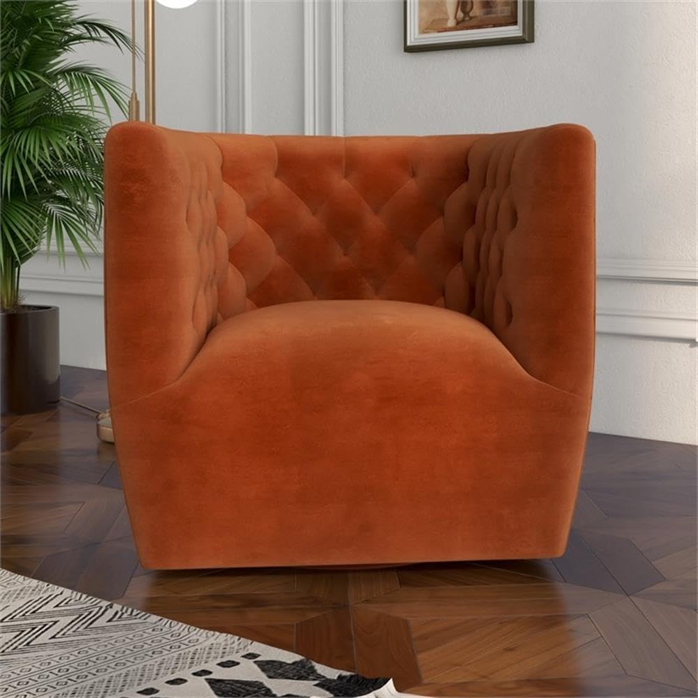 ASHCROFT Rose Mid Century Modern Comfy Orange Velvet Swivel Accent Chair
