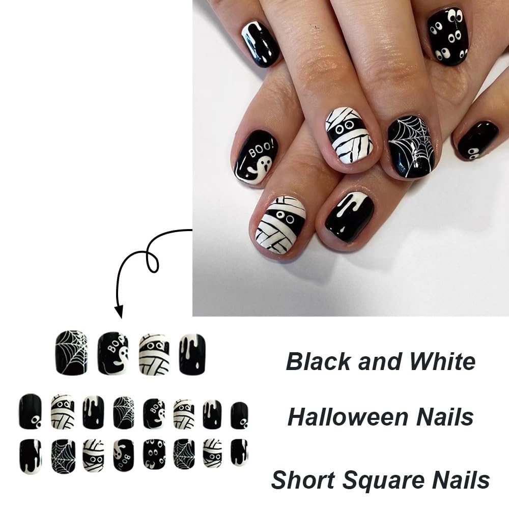 Halloween Press On Nails - Short Square Mummy Spider Web Designs, Full Cover Artificial Acrylic Glossy Nails, 24 Pcs