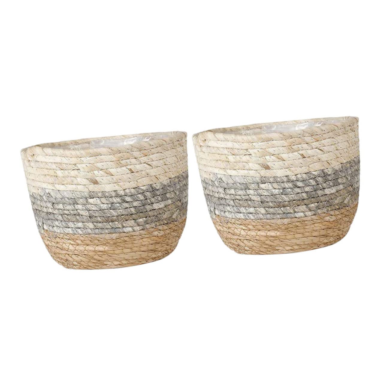 Lot De 2 Paniers De Fleurs Tressés XL Gris, Pots De Jardin en Paille Naturelle, Décor Rustique pour Intérieur Et Extérieur, Paniers Multifonctions Légers Et Décoratifs