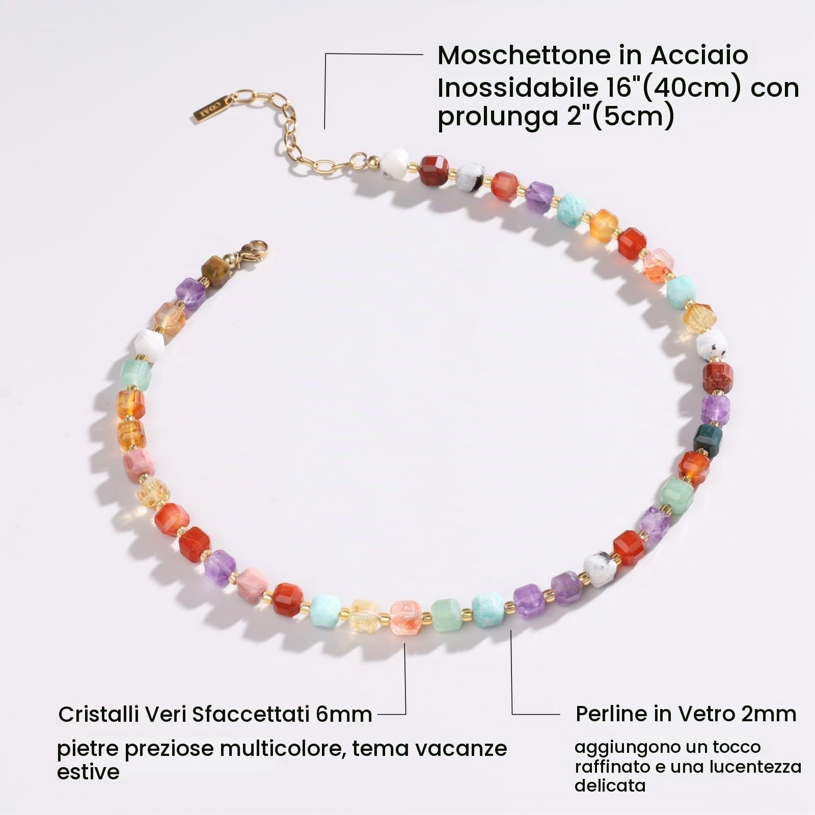 COAI Collana da Donna con Pietre Chakra, Collana di Perline Colorate Quadrate di Cristalli Naturali