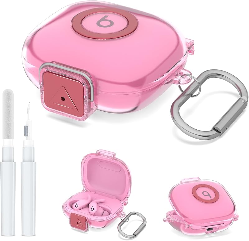 Protective Cover for Powerbeats Fit Case with Secure Lock & Phone Stand, Shockpoof Clear Case Compatible with Beats Powerbeats Fit Earbuds (2025) Accessories with Cleaner Kit & Keychain (Clear Pink)
