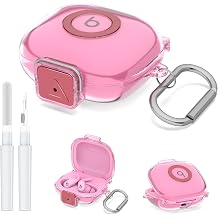 Protective Cover for Powerbeats Fit Case with Secure Lock & Phone Stand, Shockpoof Clear Case Compatible with Beats Powerbeats Fit Earbuds 2025 Accessories with Cleaner Kit & Keychain Clear Pink