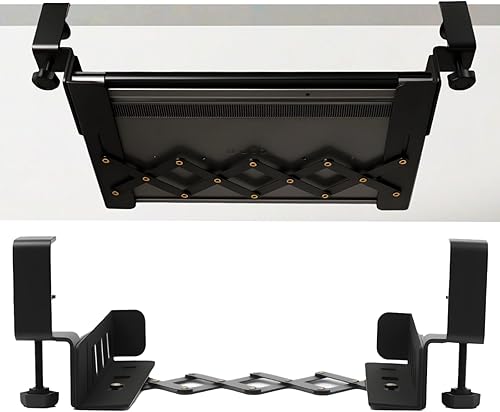LUKETURE Soporte para computadora portátil debajo del escritorio, sin taladro, soporte de acero para portátil con almohadillas antiarañazos, bandeja