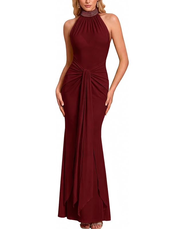 baronshion Womens Summer Dresses Halter Neck Sleeveless Knotted Waist Bodycon Dress Wedding Guest Maxi Dresses Red by baronshion - Used condition - US$42.57