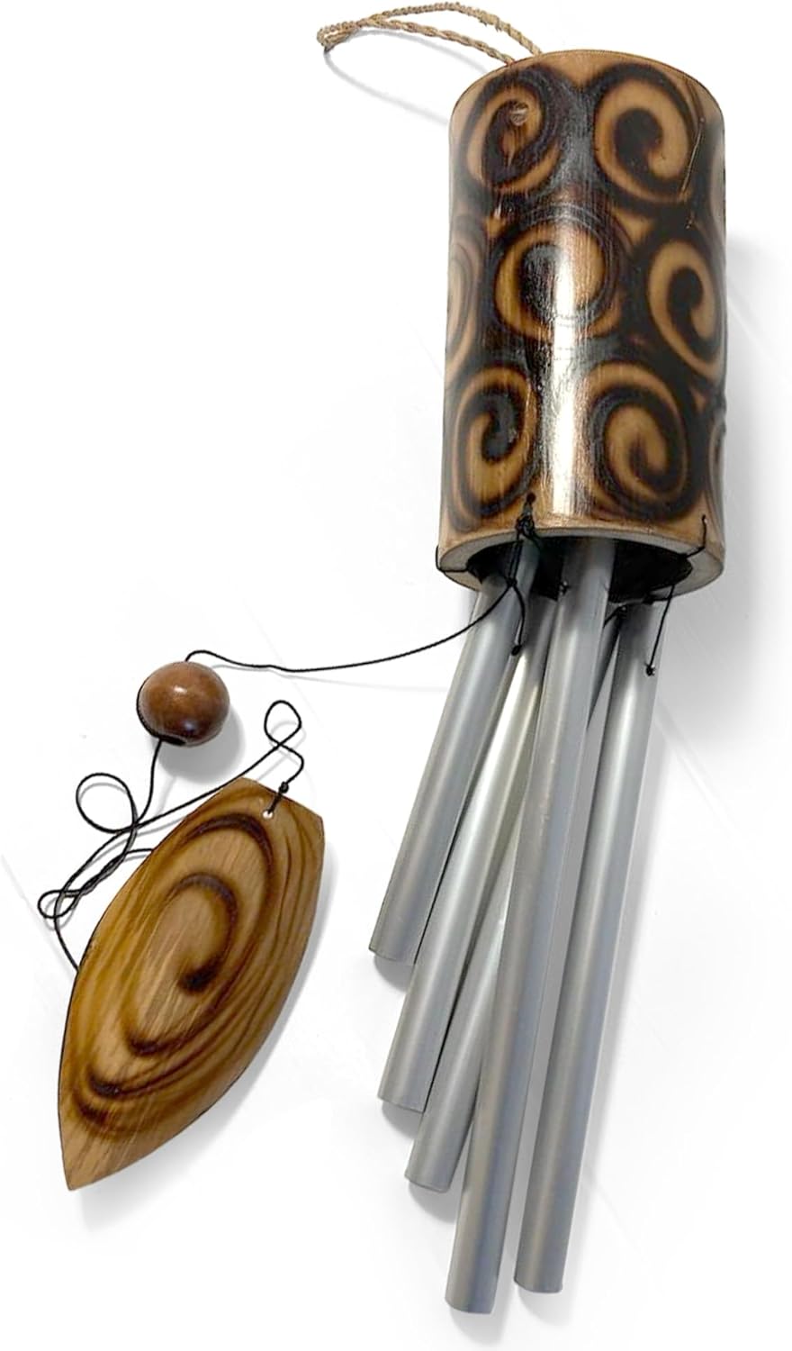 44cm Length Indonesian Home and Garden Bamboo Burnt Swirl Windchime | chime ornament | wooden wind chimes | Classic Zen Garden windchime for relaxation | Bamboo wind chimes for garden.