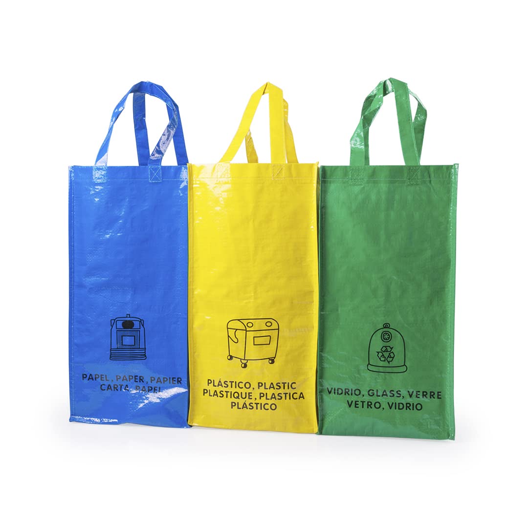 Lot De 3 Sacs De Recyclage Durables (Bleu, Vert, Jaune) - 23 Litres - Pour Plastique, Verre, Papier - Avec Poignées Et Rubans De Liaison Lot De 3 Sacs De Recyclage Durables (Bleu, Vert, Jaune) - 23 Litres - Pour Plastique, Verre, Papier - Avec Poignées Et Rubans De Liaison