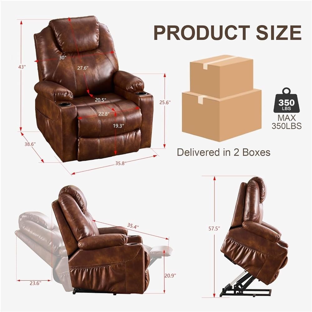 Power Lift Recliner Chair for Elderly with Massage Heat Electric Reclining Sofa Living Room Dual USB Type C Charging Ports Cup Holders PU Faux Leather Light Brown Comfortable Lounge Furniture