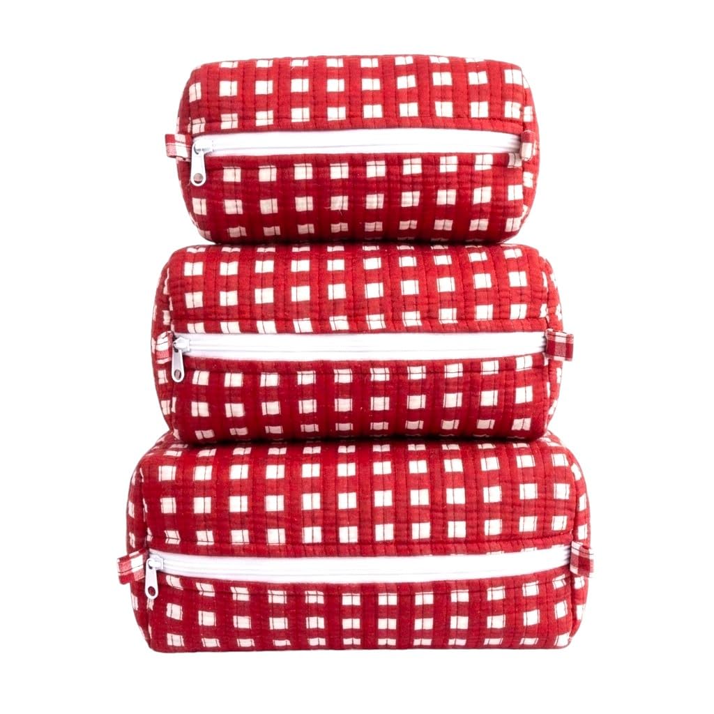 Set of 3 Quilted Cotton Pouches for Women | Makeup Pouch Set, Travel Organizer Bags, Cosmetic Storage with Zipper | Multipurpose Toiletry Pouch Combo (Red Checks)-image-29