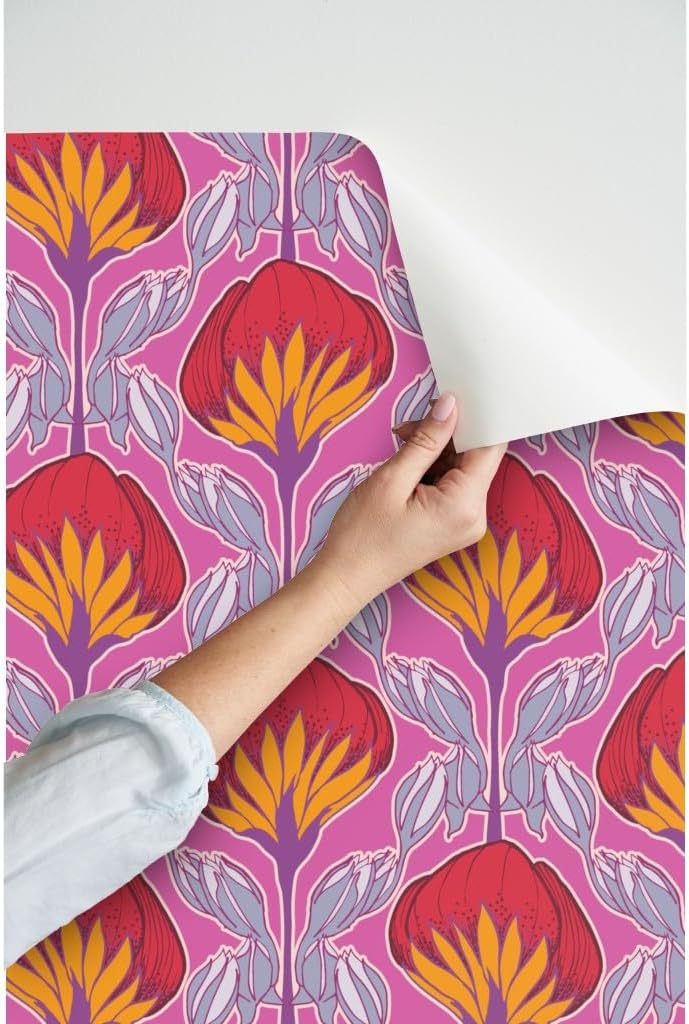 Peel & Stick Wallpaper 12ft x 2ft - Flowers Pop Pink Floral Hot Retro Yellow Purple Custom Removable Wallpaper by Spoonflower