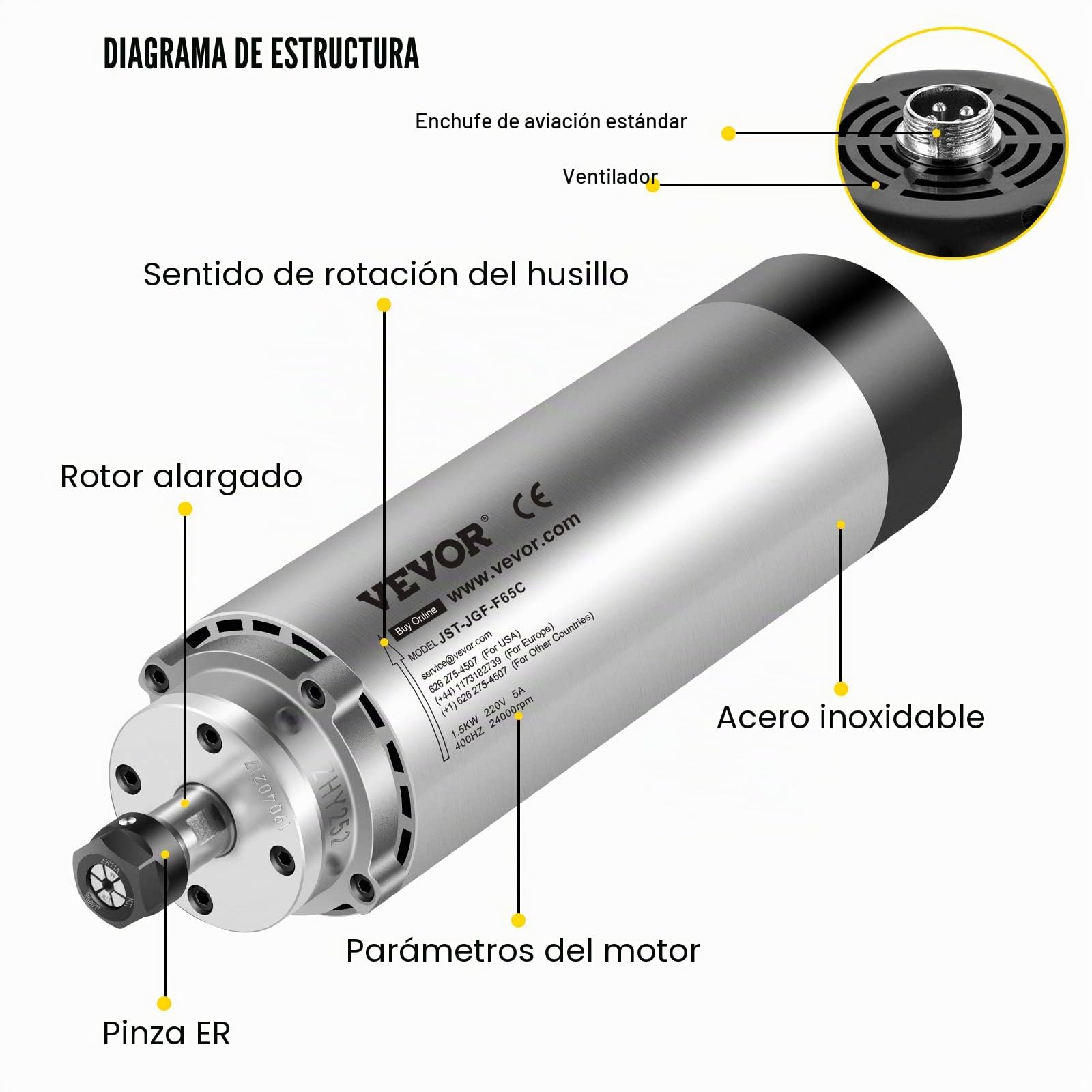 VEVOR Motor de Husillo Refrigerado por Aire de 1,5 KW Fresado, Motor de Husillo Refrigerado por Viento de 220 V, Motor de Giro Refrigeración por Aire 400 Hz Diámetro de 65 X 205 mm de Alta Potencia