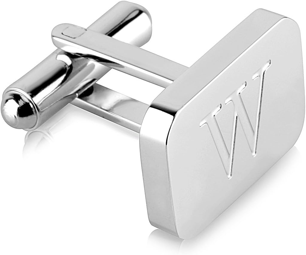18K White-Gold Plated Initial Engraved Stainless Steel Men’s Cufflinks With Gift Box -Personalized Alphabet Letter’s A-Z By Lux & Pair