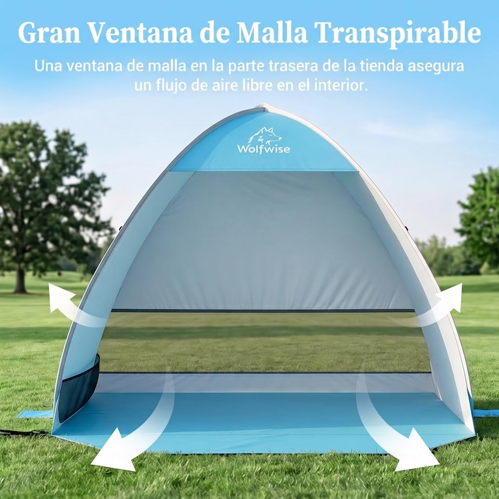 Wolfwise Carpa de Playa desplegable para 2-3 Personas, Refugio de Playa con protección UV 50+, Montaje en Segundos, Repelente al Agua y ventilada, 150 x 120 x 110 cm (59 x 47 x 43 in), Azul