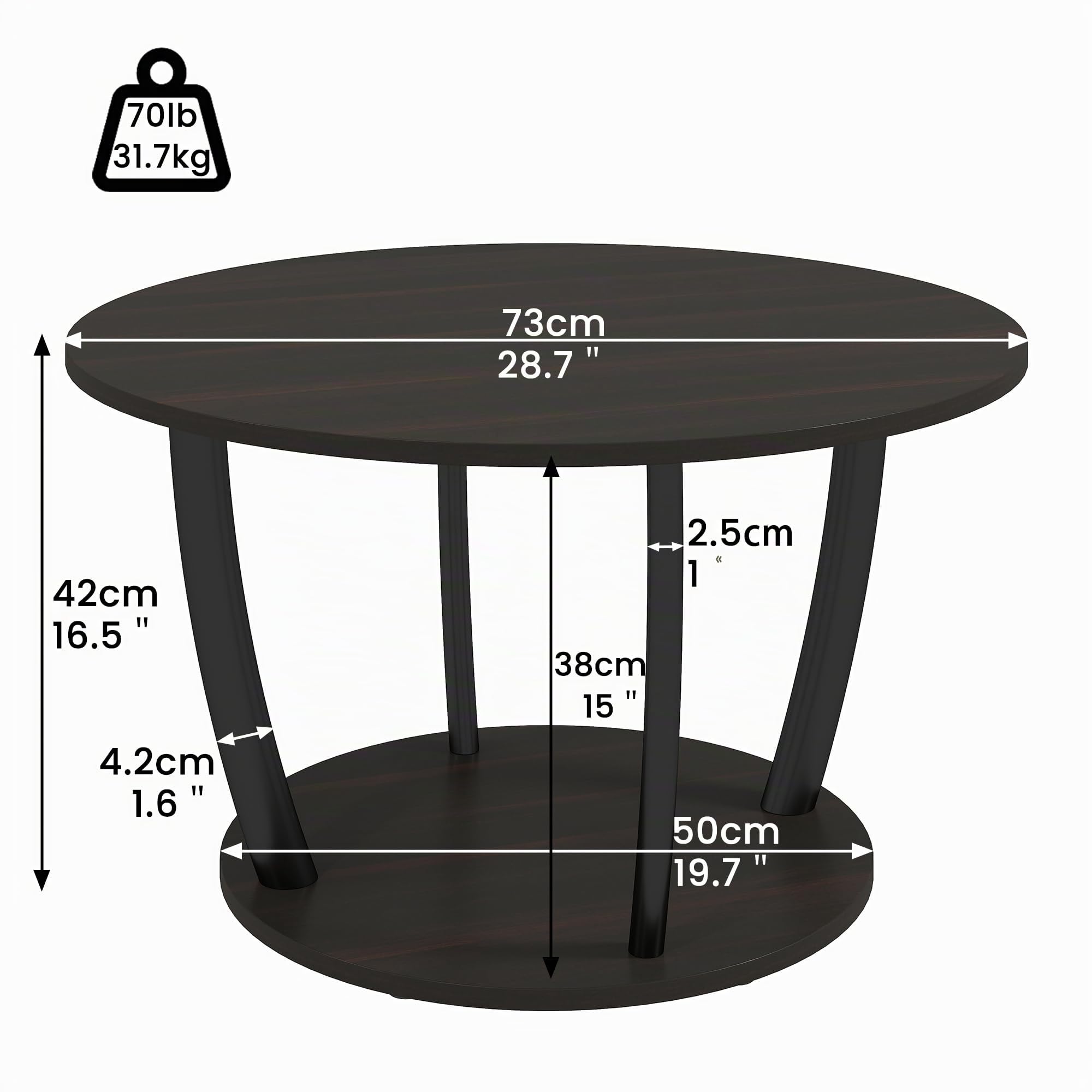 Manora Table Basse Ronde 2 Niveaux, Table Basse en Bois 73 x 42 x 50 cm, Cadre Métal, Table Ronde en Bois Style Industriel pour Salon et Canapé, Résistante à l'eau et aux Rayures (Marron Foncé)