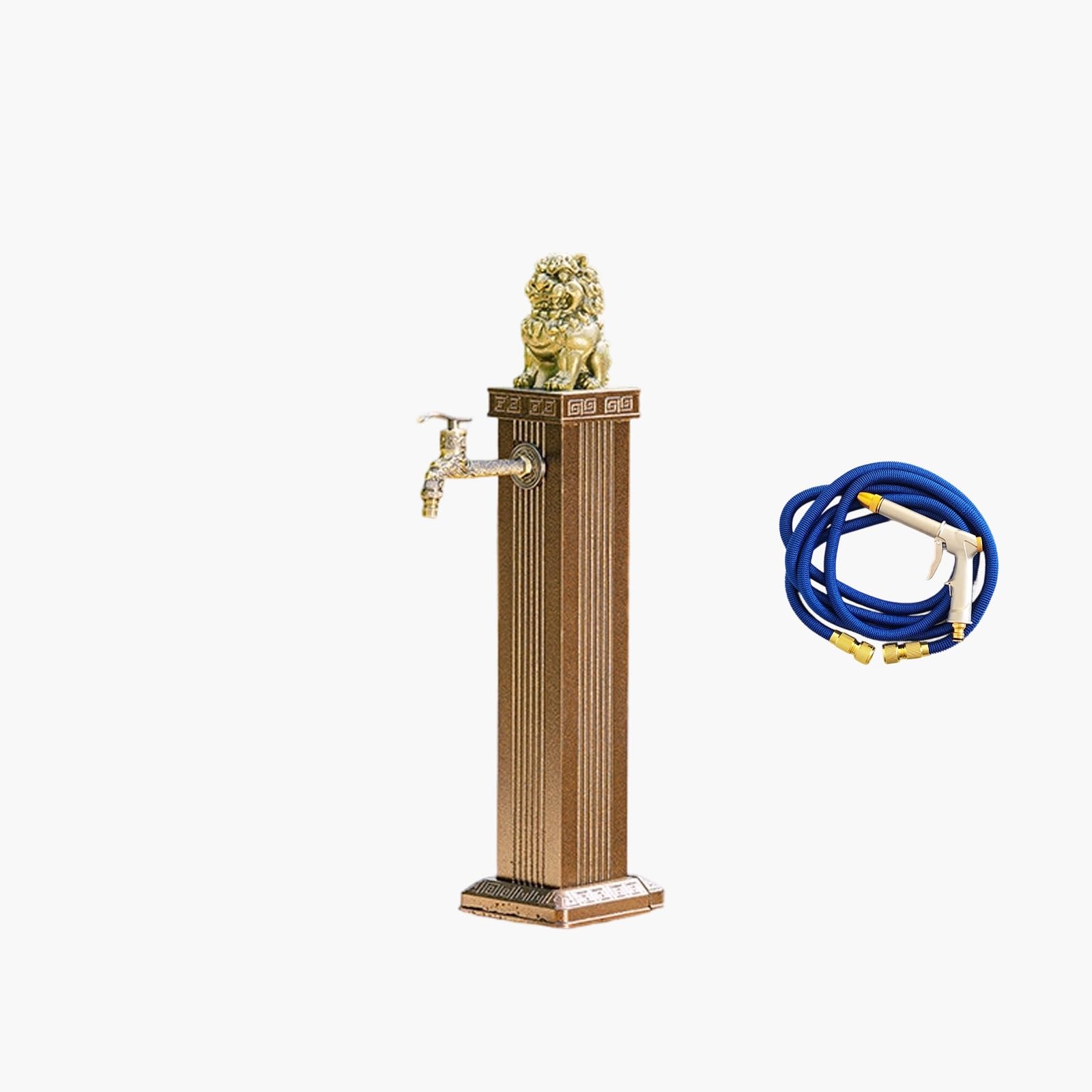 Columna de Agua para Jardín con Cabeza de León, Fuente de Exterior de Aluminio Bronce Antiguo, Grifo de Latón Anticongelante, Manguera de 10m(Short,A)