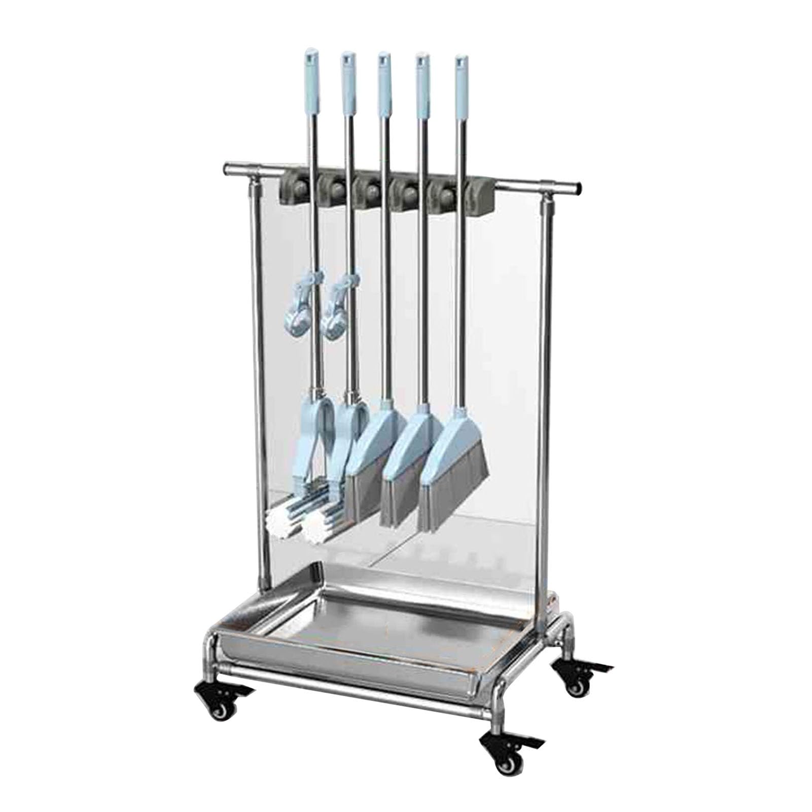 ASerZenith Mop And Broom Rack With Water Basin, Tool Tower Rack With Wheels For Home, Garden, Laundry, Garage(6Hooks-75X110X42Cm)