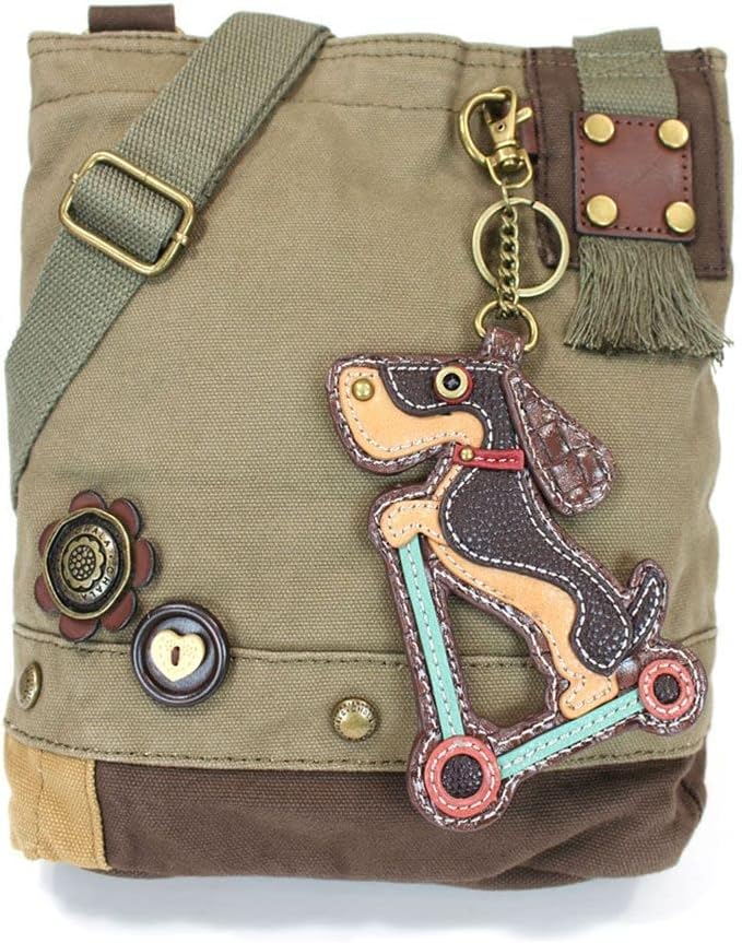 Chala Wiener Dog on Scooter Patch Crossbody Bag, Olive