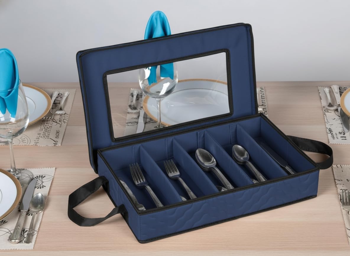 Flatware Storage Case - Durable 5 Compartment Silverware Storage Container Box with Removable Lid and Easy to Carry Handles - Large Capacity Keeps Your Cutlery Organized & Protected - Blue