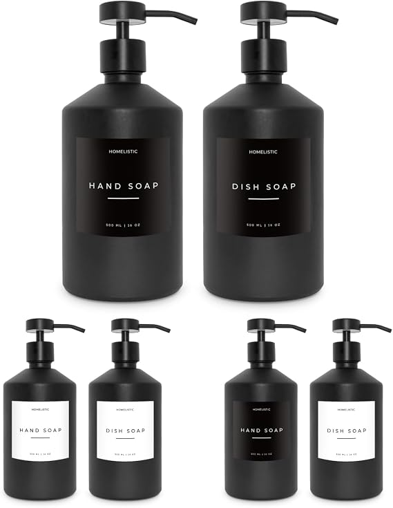 Luxury Glass Soap Dispenser Set of 2 - Elegant Black Glass Bottles with Matte Black Pumps, Ideal for Kitchen and Bathroom for Hand and Dish Soaps