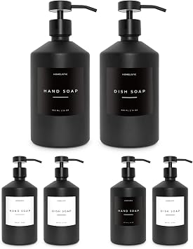 Luxury Glass Soap Dispenser Set of 2 - Elegant Black Glass Bottles with Matte Black Pumps, Ideal for Kitchen and Bathroom for Hand and Dish Soaps